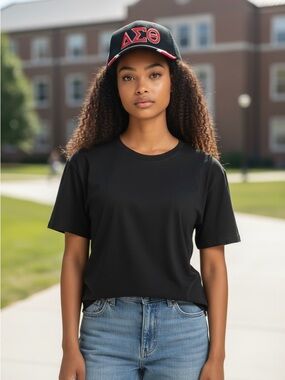 Black Baseball Cap with Red Greek Letter Embroidery